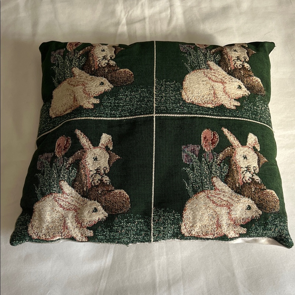 Green Pillow with Rabbit Design